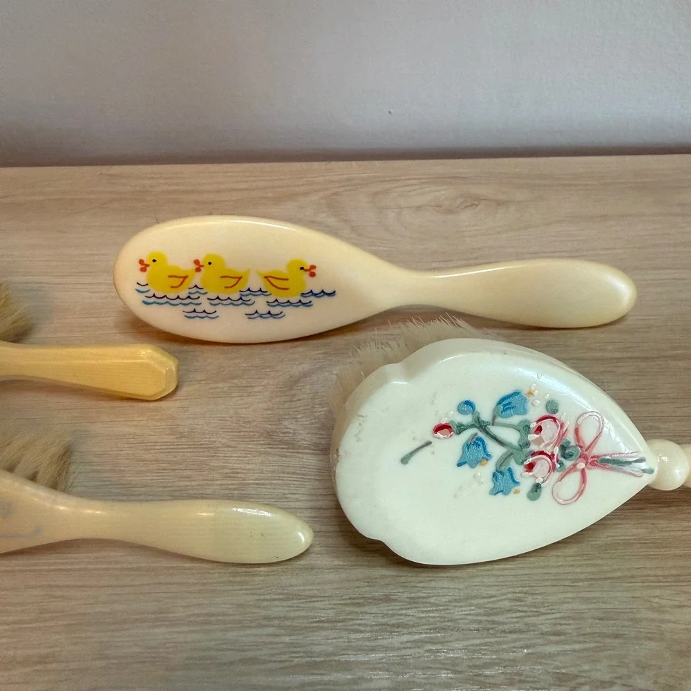 Vintage Baby Hair Brush Set 4pc Ducklings Floral Rose Celluloid Retro Nursery